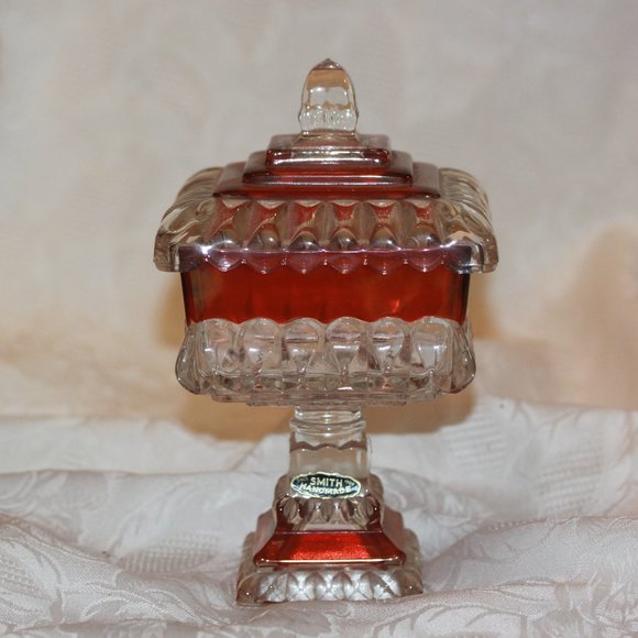Vintage Smith Glass Flash Cranberry Red & Clear Lidded Candy Dish Compote - Picture 1 of 5